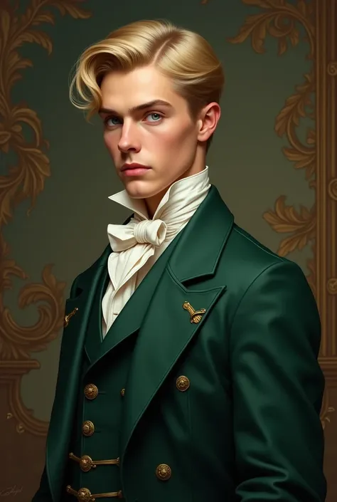 Drawn Portrait of a handsome blond gentleman, light blond hair, Ben Barns, 25 years old, dark green eyes, dark green suit, regency era, vintage fantasy Portrait art