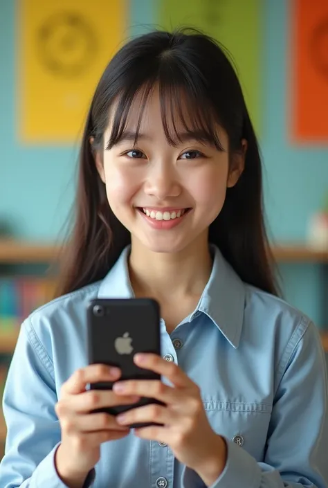 The vienamese girl with an iPhone in her hand, slightly smiled, teacher, professional, banner, kindergarten background --style raw --v 6.0