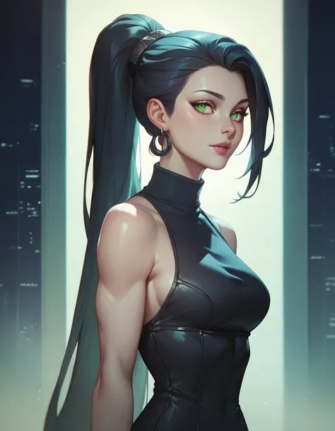 female sleeveless black turtleneck, bare shoulders, racerback, bare toned arms, beautiful faces, black ponytail with showing forehead, long ponytail, black earrings, soft smooth skin, pale skin, night city background, green eyes, sci-fi