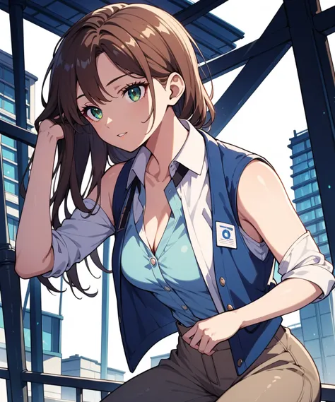 beautiful sexy anime girl with long brown hair, wearing white sleeveless button up collared shirt with a blue vest over it & beige khaki pants, in a abandoned urban construction site at night time, 1girl, solo