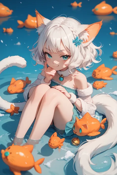 solo, smug face, cat girl, :3, teenager , aqua eyes, white hair, gradient orange hair, white hair, short wavy bob hair ,cat ears , orange ears, gradient ears up , solo, winter