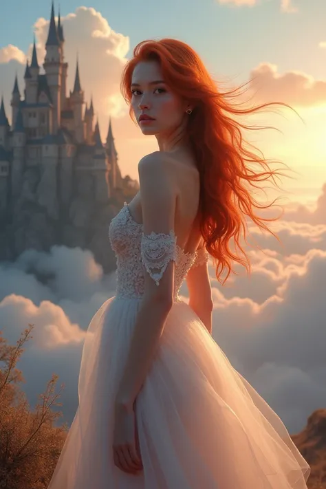 Ethereal fantasy concept art of a gorgeous stunning sexy young woman with fiery red hair, dressed in a sexy seductive dress with an airy skirt, posing in an aesthetic pose. In the background you can see a castle in the sky , bokeh. The time of day is twili...