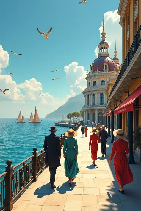 Photo dun magnifique casino coloré et  ancien des années 1900, au bout dune jetée sur la mer avec la mer à côté et des magnifiques voiliers de toute les couleurs avec les voiles dehors, sur la mer, et cinq hommes et femmes habillés en vêtements et chapeaux...