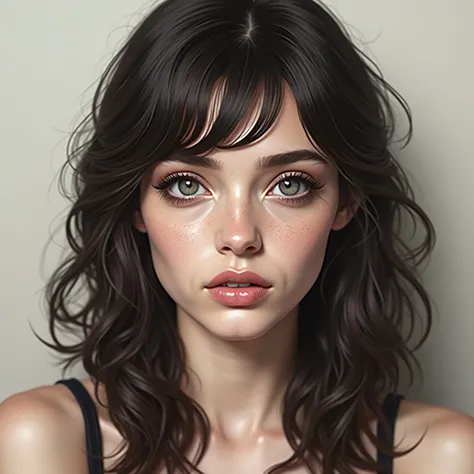 "A hyper-realistic digital painting of a woman with strikingly intense features. She has fair skin with a soft blush on her cheeks and a slightly rosy nose, giving her a natural, subtle warmth. Her piercing gray eyes are framed by thick, dark lashes and bo...