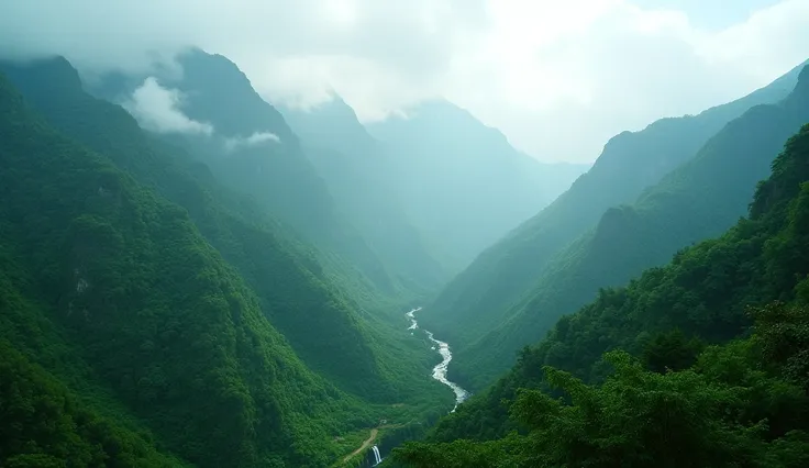 Aerial drone shot capturing the lush green valleys of Mainpat, with mist-covered mountains in the background. Add slow-moving clouds to highlight the serene beauty of the region. Showcase distant waterfalls and dense forests