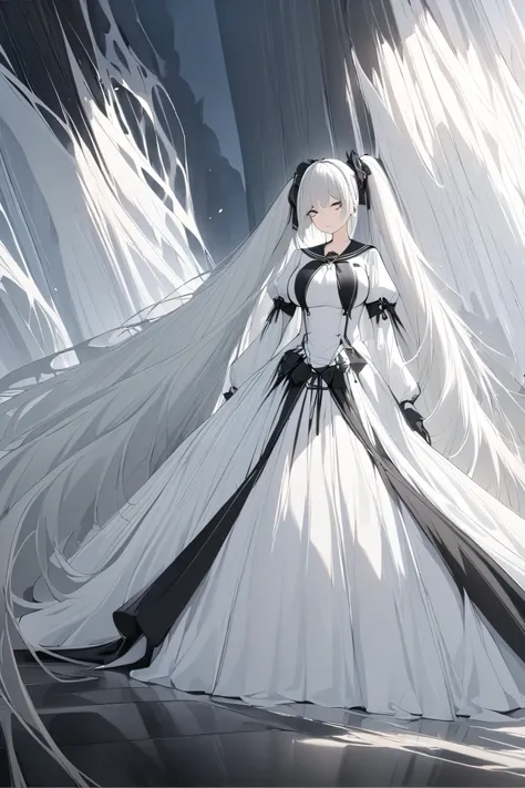 ( Masterpiece ),( top quality),( ultra detail),( best illustrations),( Best Shadow ),( absurd),( detailed background), 1 girl , long hair, absurdly long hair, dress, Alone, very long hair, chest, twin tails, white dress, official different costum...