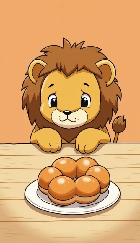 A single lion illustrated in Studio Ghibli style, sitting at a wooden table and looking deeply sad at a unique donut with eight connected spheres, resembling Mister Donuts Pon de Ring. The donut has a soft, glossy texture with evenly sized spheres. Its sur...