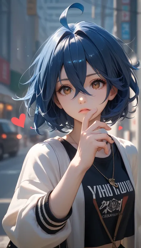 Put one hand on your lower back ,Black Street Fashion, 1 girl, Blue Hair, Brown Eyes, Hair Between Eyes, Action Figure, Dark Blue Hair, Heart Ahoge, 