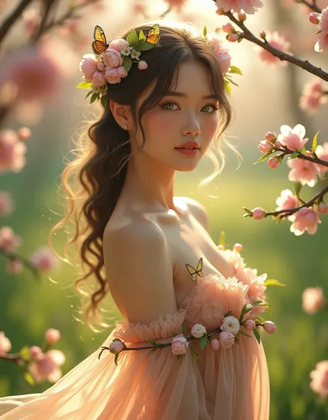 A seductive woman embodying the essence of spring, surrounded by blooming cherry blossoms and soft greenery. She wears a delicate, semi-transparent gown adorned with pastel flowers and leaves, gracefully draping her curves. Her skin glows with a fresh, dew...