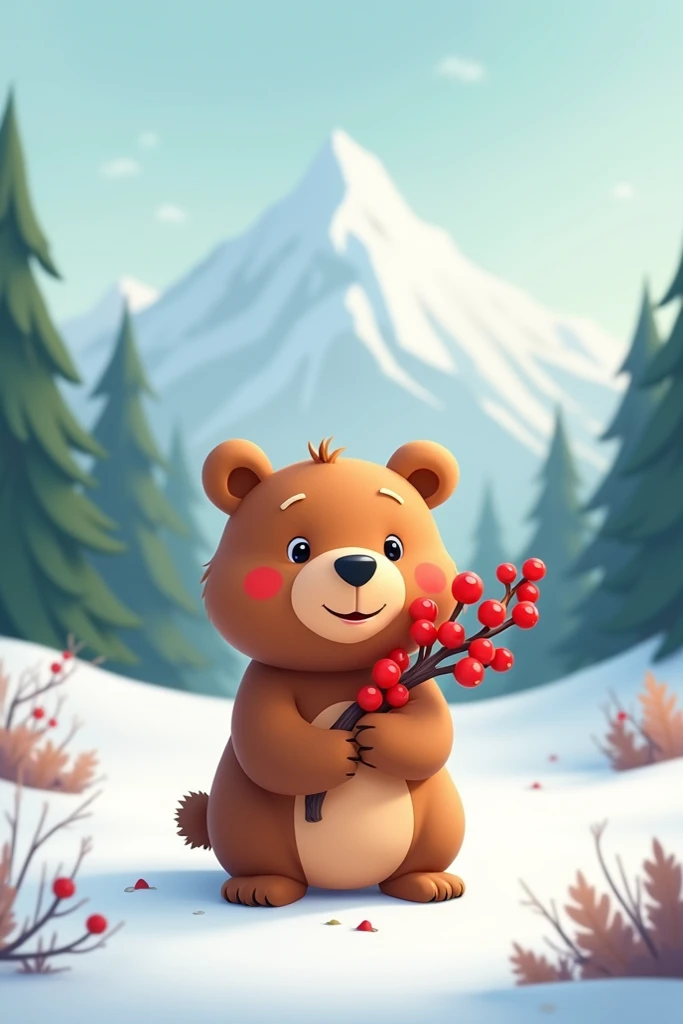 "A YouTube Shorts screen featuring a cute animated bear holding a branch with red berries. The background is a snowy landscape with trees and mountains. The text on the screen includes: 