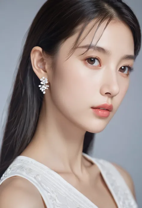 ((RAW, Best Quality, 16K, UHD )), A young cute profile woman, elegant, photorealistic, side view, portrait, ultra realistic, high detailed, high detailed skin, high quality, white dress, high detailed skin, high quality, delicate eyes, double eyelids,