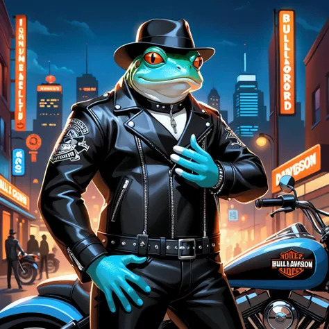 Create an image of an extremely badass anthropomorphic light blue and white bullfrog with a bold, stylish look. The bullfrog should be wearing an insanely cool black leather Harley Davidson biker jacket open with zipper details, black fedora, black shirt, ...