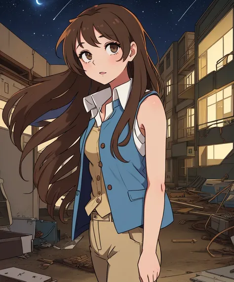 beautiful sexy anime girl with long brown hair, wearing white sleeveless button up collared shirt with a blue vest over it & beige khaki pants, in a abandoned urban construction site at a dark night sky, 1girl, solo