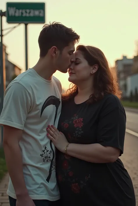 Generate a boyfriend with a scythe on a t-shirt kissing with an obese woman in the distance stands a sign that says "Warszawa"