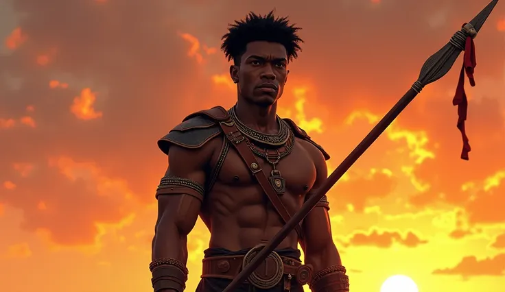 A young African warrior named Kwame, muscular and strong, wearing traditional warrior attire and leather armor. He holds a spear and looks determined, standing against a fiery sunset sky. His face shows resolve, and his posture exudes confidence.