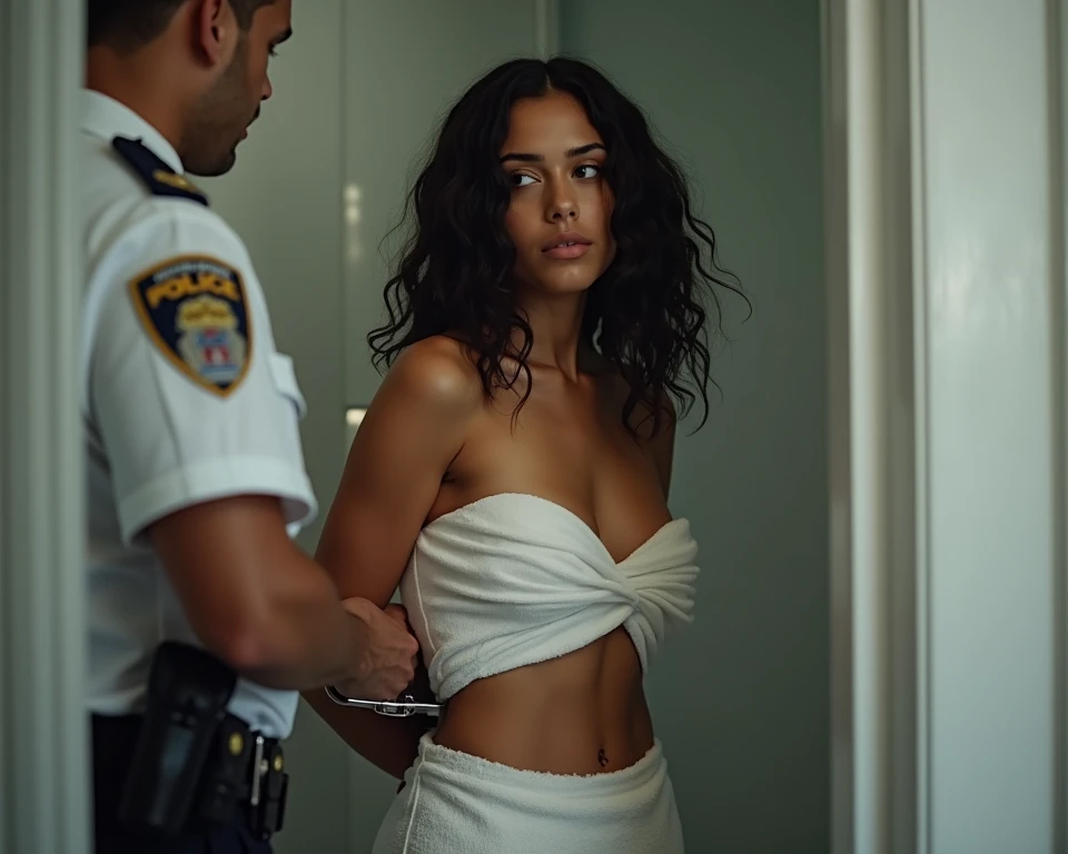 nsfw, sexy 20yo white american girl (black wavy hair) arrested by white male police officer, she is handcuffed behind her back in tight metal police handcuffs, she is standing in a home bathroom only wearing a bath towel, deep cleavage, the white male poli...