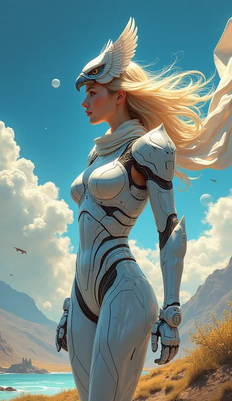 (((  Masterpiece  ))),16k, top quality, Illustration, Earth, water,,wind,space, 1 girl , blond hair ,Beautiful Mecha,Shiny Armor, eagle helmet, beautiful face, scarf,paper_cut,nsfw