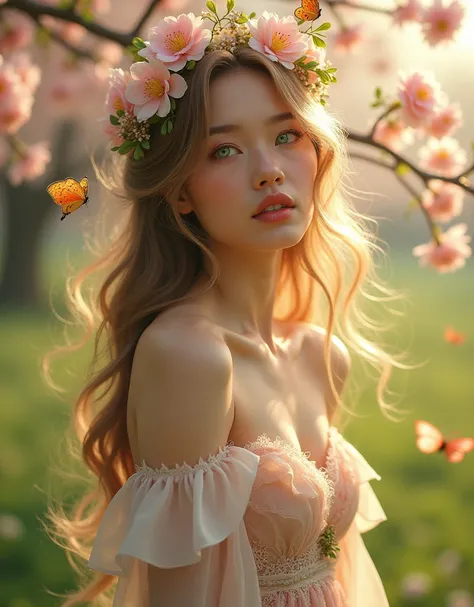 A seductive woman embodying the essence of spring, surrounded by blooming cherry blossoms and soft greenery. She wears a delicate, semi-transparent gown adorned with pastel flowers and leaves, gracefully draping her curves. Her skin glows with a fresh, dew...