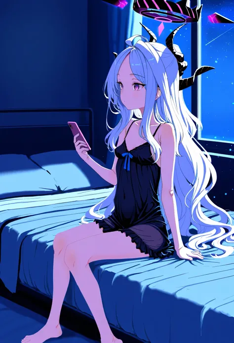 masterpiece, best quality, amazing quality, very aesthetic, newest, general, solo, clearite, blue archive, hina (blue archive), small breasts, close-up,1girl,night,black theme,blue theme,sitting,on_bed,nightgown,barefoot,holding phone,looking away,indoors,...