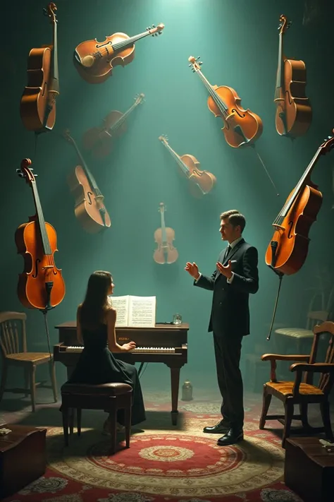 In a surrealistic artwork, a room brims with levitating, mismatched musical instruments. A woman with elongated legs performs on an imaginary piano, and a man with an elongated neck conducts. Despite their surreal appearance (e.g., a violin with teeth), th...