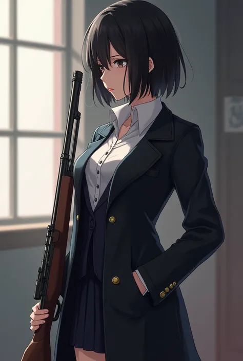    make an original anime design,Female Characters , wearing a long coat,Fighting scene , create different models  , 1 girl ,  shorthair,  black hair,  bob hair, chest,  high definition ,  top quality,  scene holding a shotgun, whole body is reflected, sid...