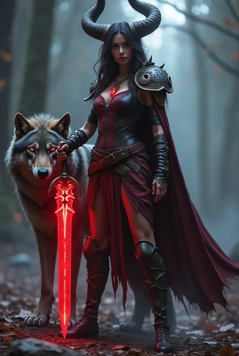 Imagine a world where dark magic and mythical creatures coexist with humans. In this realm, a beautiful adventurer demon girl stands tall, her glowing red glass sword  gleaming with an otherworldly light. She strikes a heroic pose, ready for any challenge ...