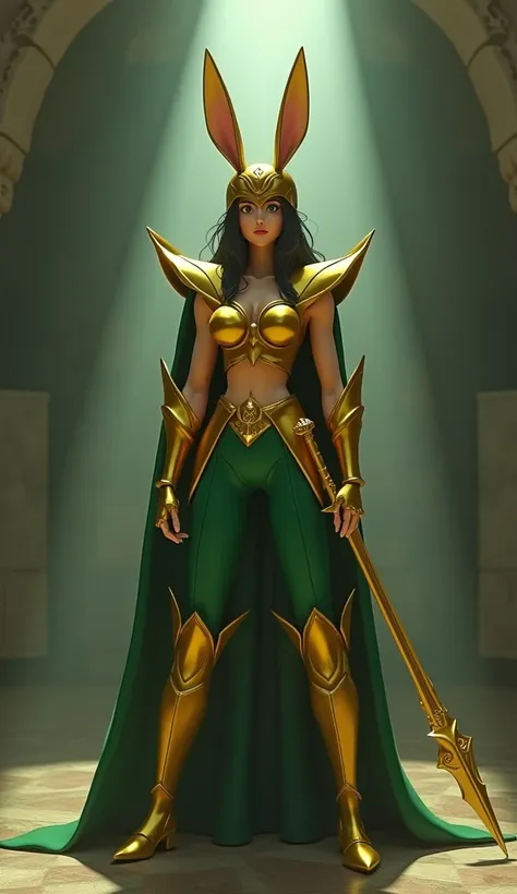 make a 3D animated cartoon character similar to the film Saint Seiya, a beautiful woman with a sexy body and straight black hair, with a green t-shirt and green trousers wrapped in gold armor complete with a helmet covering her head, like Saint Seiya, make...