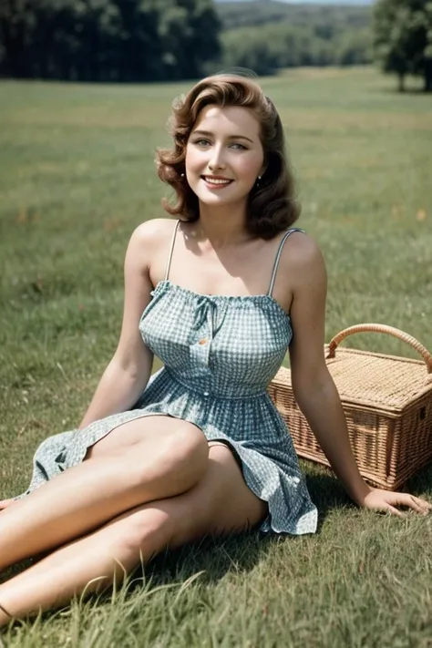 vintage photograph, recolored photo, Barbara Stanwyck, close lipped smile, sundress, in grass field, sitting on picnic blanket