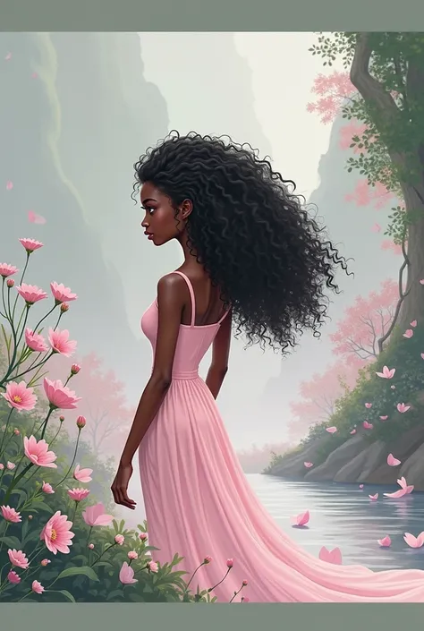 Generate a picture of a young black woman in a back view in a pink aesthetic 