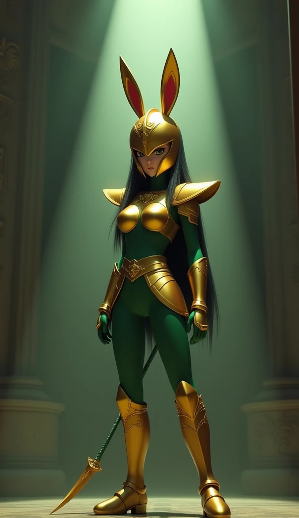 make a 3D animated cartoon character similar to the film Saint Seiya, a beautiful woman with a sexy body and straight black hair, with a green t-shirt and green trousers wrapped in gold armor complete with a helmet covering her head, like Saint Seiya, make...