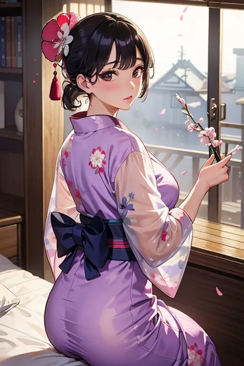 Beauty, 40 years old, New Year, Furisode, yukata, ((transparent)), emphasize the buttocks, at bedroom, sexy flirt, ((masterpiece)),(( The best quality)), (detailed), expressive eyes, (Perfect face),