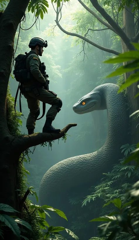 "A hyper-realistic scene set deep in the dense rainforest, showcasing a lone military soldier perched high on a sturdy tree branch. Fully equipped with tactical gear, the soldier is observing the jungle below, with a focused and cautious expression, his ri...