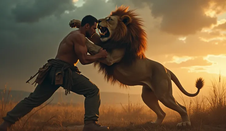 Handsome young man fights with fierce lion,  cinematic movie poster concept 