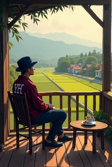  a 27-year-old Indonesian man wearing a navy blue hat and a maroon red jacket that says YH, sitting on the terrace chair of the second floor of the wooden house ,  nearby there is a cup of smoky warm coffee and bread on a plate on the table,  around it bel...