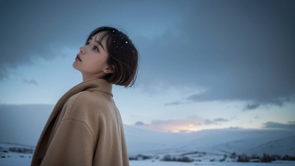 Upper body, Back view of the left side , Looking up at the sky  .,In the snow, sad, gloomy mood, Woman with brown bob cut hair , find,  Floating hair , masterpiece,  top quality, RAW photos,  Detailed Face , Light tan long coat that fits the body, Thick Sh...