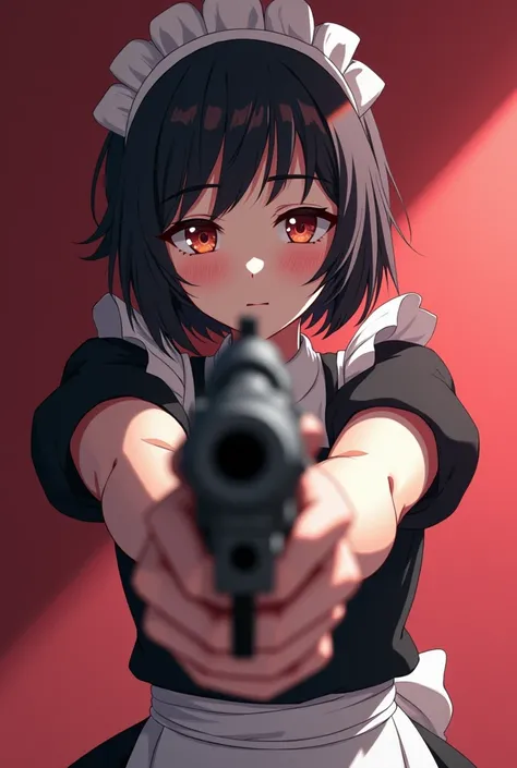    make your own anime design,Female Characters , wearing maid clothes,Fighting scene , create different models  , 1 girl ,  shorthair,  black hair,  bob hair, chest,  high definition ,  top quality, A scene where a handgun is held in both hands with a muz...