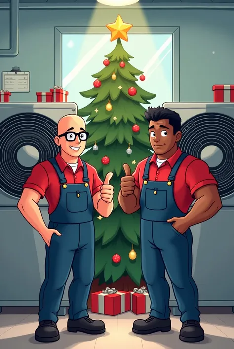  Make me an image of two maintenance technicians with two HVAC fans behind their backs.
 These technicians have to be making a  "👍".
 This idea is for a Christmas card and must have a Christmas tree.

Technician 1: bald, thin, Use glasses 
Technician 2 : w...