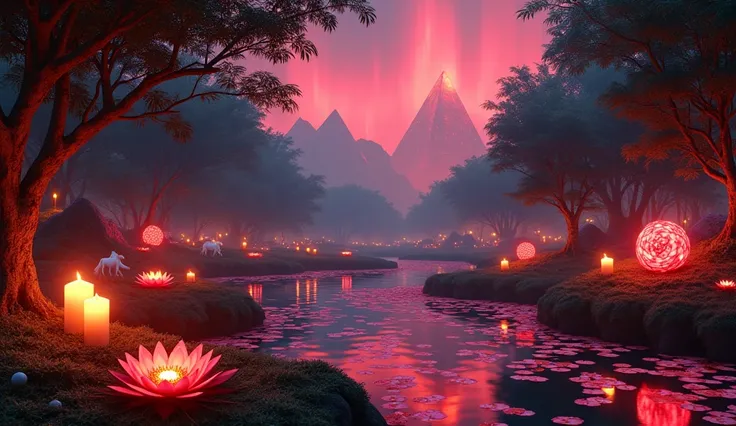 3 yellow roses ,  at night,  7 fluorescent red water lilies on the water ,  at night,  in the background 5 pyramids of red crystal ,  7 large yellow candles ,  in a forest ,  in the background a small waterfall of red water ,  at night,  red aurora boreali...