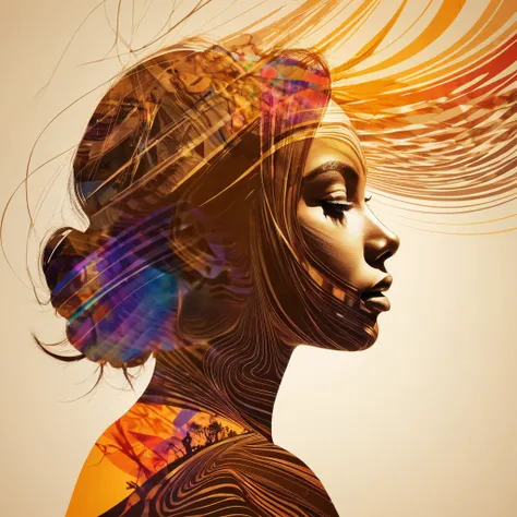 Top Quality, Super Detailed, UHD, Girl Silhouette, Psychedelic, Colorful, Double Exposure, Crisp Lines, Sepia Background, Sharp Focus, Double Exposure, Masterpiece
