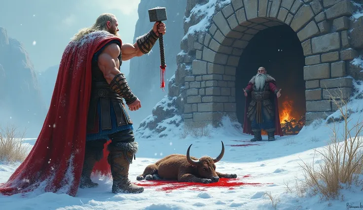 In the cold, snowy wilderness outside Hymir’s hall, Thor stands next to a fallen ox, his hammer Mjölnir raised high in his hand. The massive beast lies on the ground, freshly slain, and blood stains the snow beneath it. Thor, grinning with satisfaction, lo...