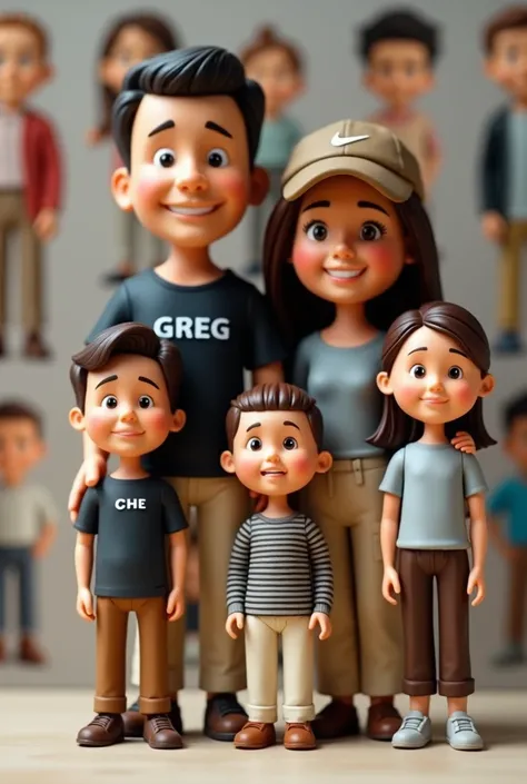 This image features a collection figure of a happy family. A husband with very short hair, round face, fair skin, wearing black t-shirt with name "GREG" written in front of his shirt, A wife with long hair down to her shoulder, wearing a brown nike cap,  s...