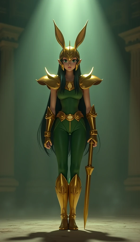 make a 3D animated cartoon character similar to the film Saint Seiya, a beautiful woman with a sexy body and straight black hair, with a green t-shirt and green trousers wrapped in gold armor complete with a helmet covering her head, like Saint Seiya, make...