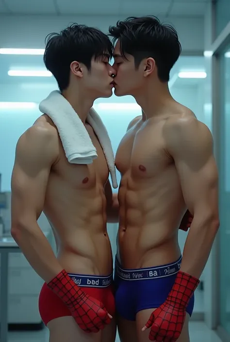 Handsome and sexy Chinese Teenageer, teen, young, boy, shirtless, Towel spiderman around the neck, Spiderman underwear open on one side and showing his sixpack abs, muscular, sixpack, young, front view, Korean idol, biceps and triceps, Spiderman gloves, ph...