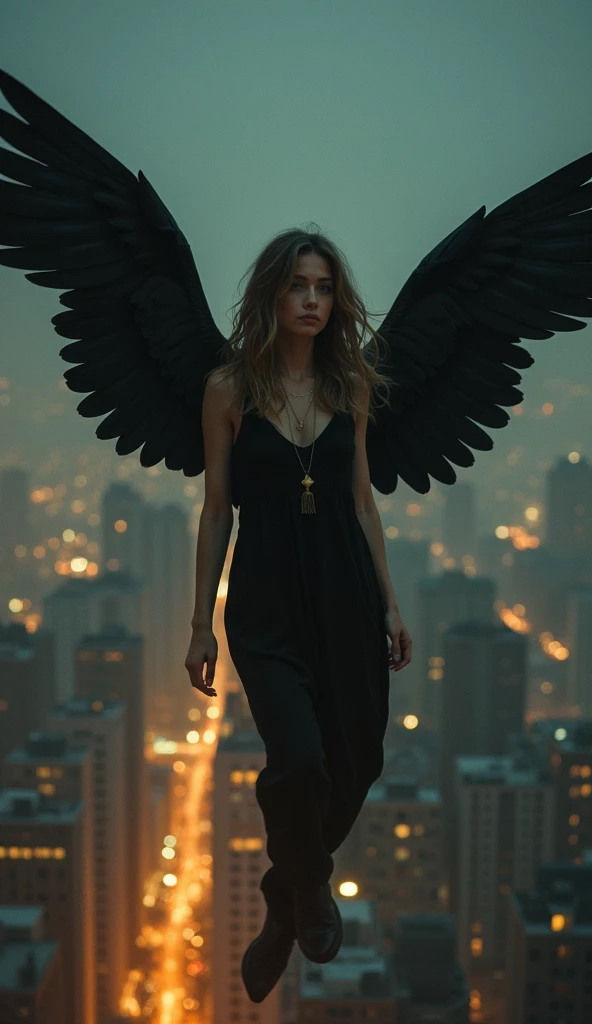  This image depicts an angel woman floating above the city at night。. The city lights are golden and create a dramatic atmosphere ,  Its delicate presence and black feathers contrast with the urban environment。. Women seem protective and cautious.