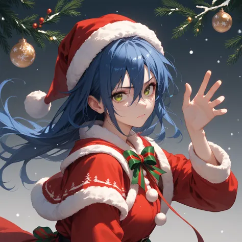 Put one hand on your lower back ,Christmas Costume, 1 girl, Blue Hair, Brown Eyes, Hair Between Eyes, Action Figure, Looking at viewer, Mizura, 