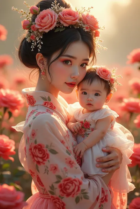 Realistic. Photorealistic. Image is vibrantly colored.
photo,Highly detailed
The beautiful woman is standing holding a Japanese baby and a kitten and a red rose,

A beautiful Japanese woman wearing a rose dress and a Japanese baby and a kitten and a rose i...