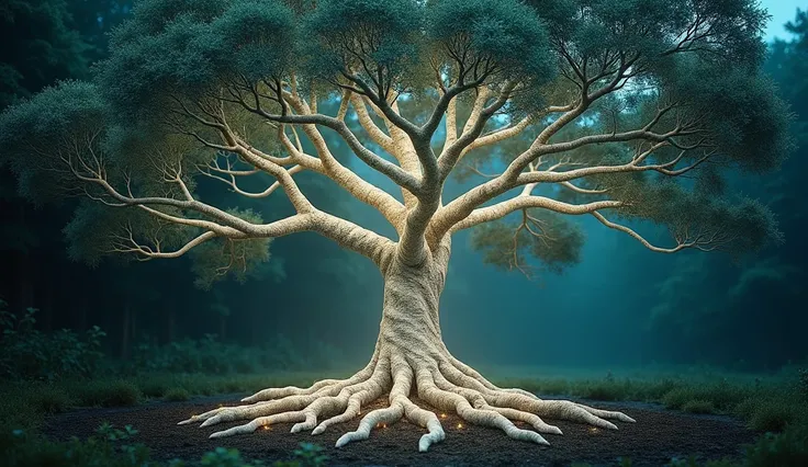 A sacred tree with silver bark, glowing faintly, and its roots deeply entwined in the earth. The tree radiates divine energy, surrounded by a lush forest with a serene and mystical atmosphere. It looks ancient and powerful, symbolizing life and healing.