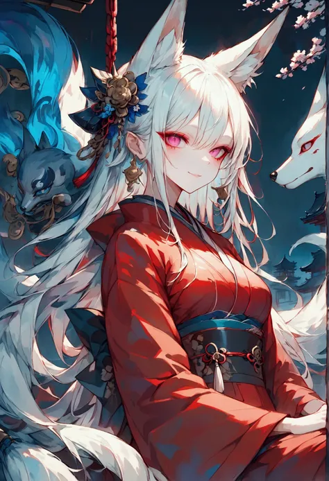 Masterpiece, highest resolution, highest quality, detailed depiction, beautiful, art, watercolor style, Japanese yokai, ((nine-tailed fox)), anthropomorphized fox, fair skin, slender eyes with distinct red eyeliner, silver hair, long hair, fox ears emergin...