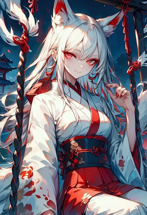 Masterpiece, highest resolution, highest quality, detailed depiction, beautiful, art, watercolor style, Japanese yokai, ((nine-tailed fox)), anthropomorphized fox, fair skin, slender eyes with distinct red eyeliner, silver hair, long hair, fox ears emergin...