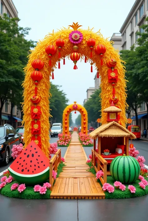 A 7-meter long Lunar New Year-themed street installation, set in the middle of a busy city road. The center of the scene features a 3-meter high golden rice arch, surrounded by vibrant floral decorations. On the side, there is a traditional bamboo bridge l...